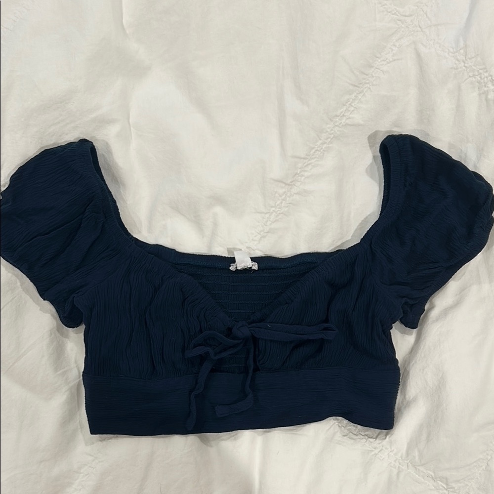 Garage Navy Puff Sleeve Top